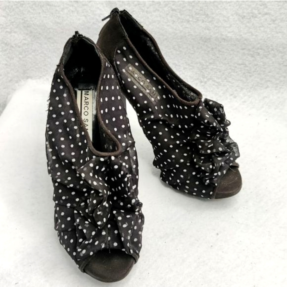 Pinup Rockabilly Polka Dot Ruffle Peep Toe Platform Stiletto Heels Womens Sz 7.5 - Picture 2 of 14